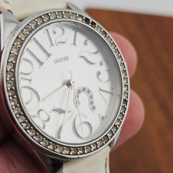 Guess Women's Crystal Halo Silver Tone Watch Whimsical Numbers Cream Band - Picture 3 of 8